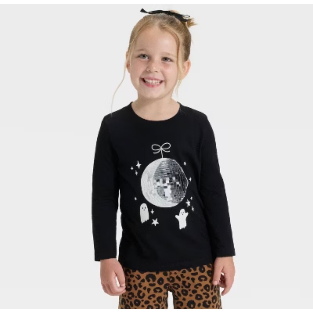 Cat & Jack Toddler 12M Black Halloween Disco Ball Ghost Long Sleeve Graphic Tee